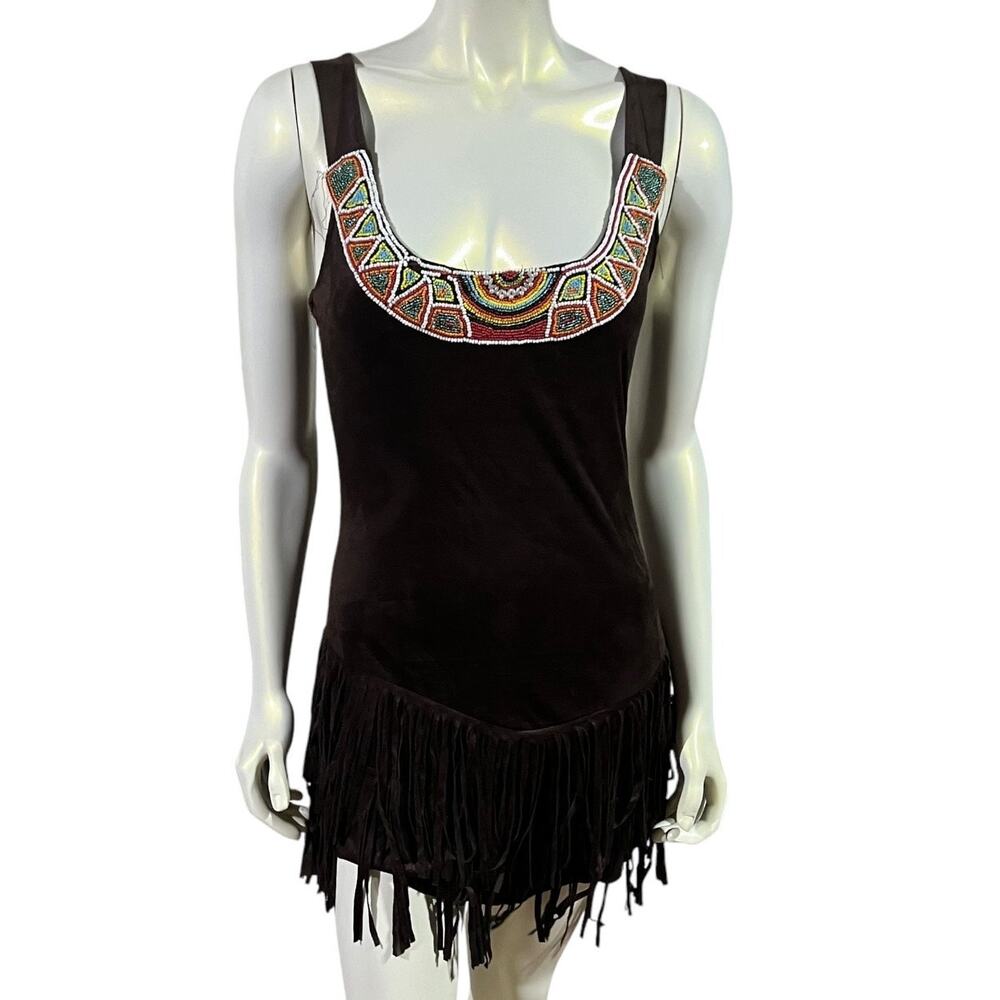 Dreamgirls Brown Beaded Fringe Native American Inspired Costume Dress Size M